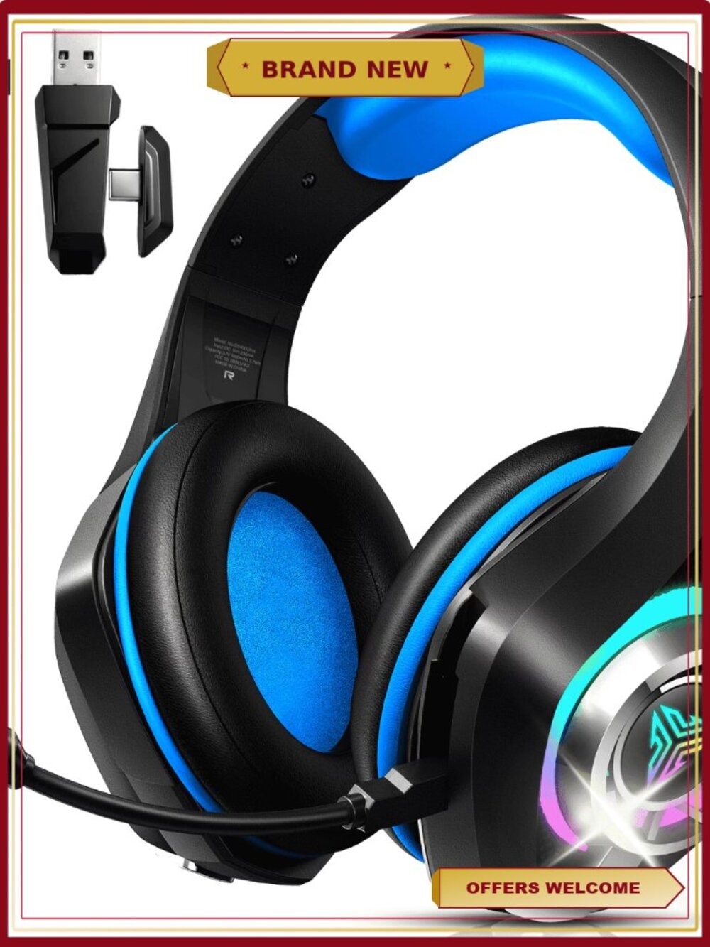 2.4GHz Wireless Gaming Headset with ENC Mic, 7.1 Surround Sound, RGB Light, 45H